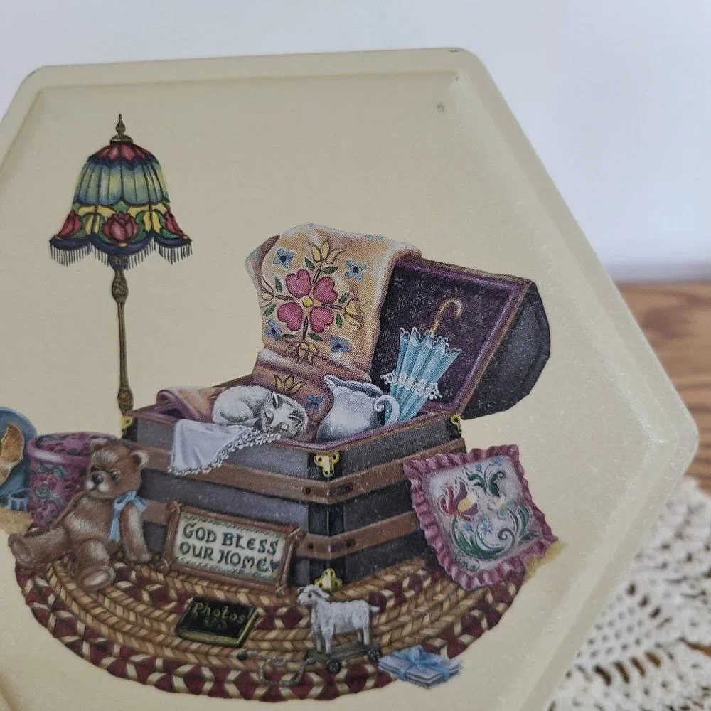 Vintage Tin God Bless Our Home Teddy Bear Cat Trunk Victorian Elements Cute!